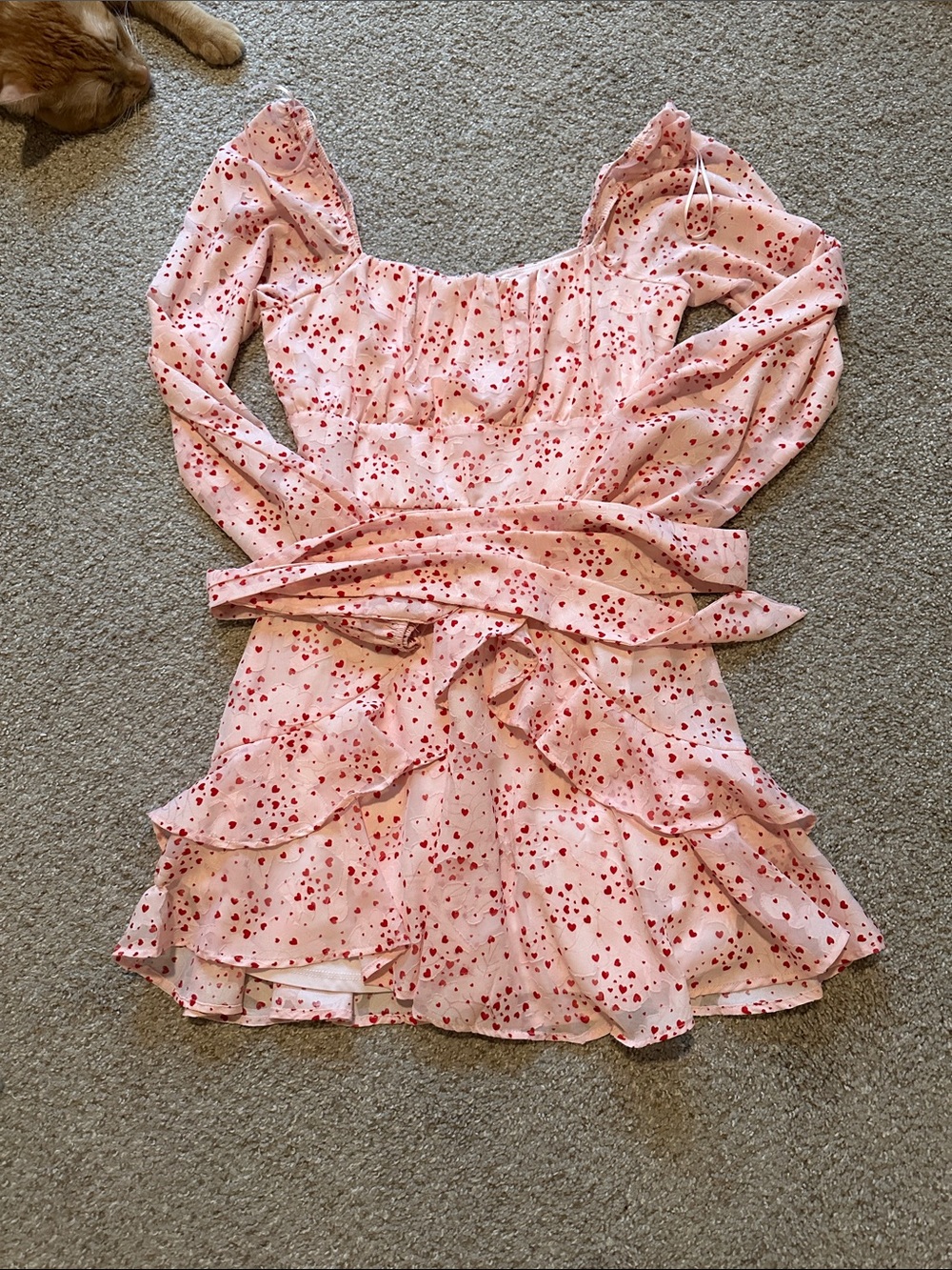 Blue Rain Pink Dress with Red Heart Print and Ruffle Skirt